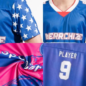 May include: Blue jersey with white stars on the sleeve and the word "VERRCHIZE" across the chest. The jersey has a white collar with red trim. The number 9 and the word "PLAYER" are on the back.