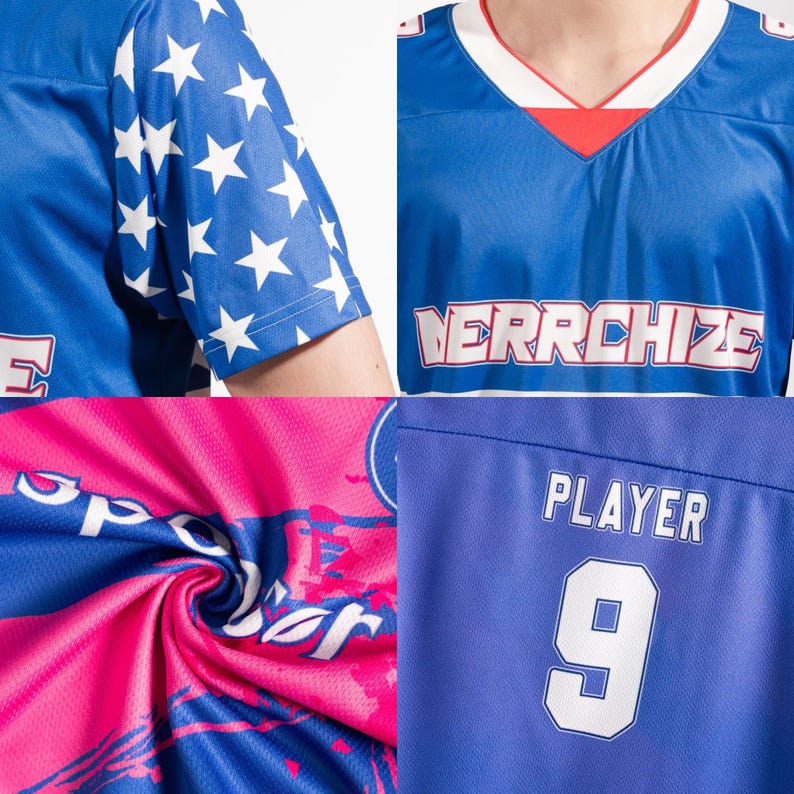May include: Blue jersey with white stars on the sleeve and the word "VERRCHIZE" across the chest. The jersey has a white collar with red trim. The number 9 and the word "PLAYER" are on the back.