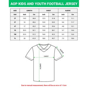May include: A diagram for a youth football jersey, with measurements in inches and centimeters. The chart includes size, length, chest, and sleeve dimensions. The jersey illustration shows chest and length measurements. Text at the top reads "AOP KIDS AND YOUTH FOOTBALL JERSEY."