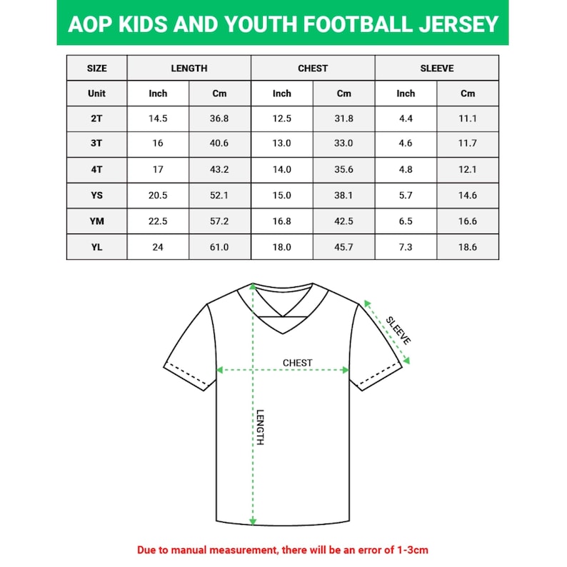 May include: A diagram for a youth football jersey, with measurements in inches and centimeters. The chart includes size, length, chest, and sleeve dimensions. The jersey illustration shows chest and length measurements. Text at the top reads "AOP KIDS AND YOUTH FOOTBALL JERSEY."