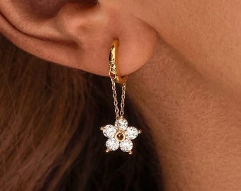 Minimalist Flower Diamond Earrings, 18k Gold Huggie Hoop Earrings, Dainty Dangle Wedding Earrings, Bridesmaid Gifts, Christmas Gifts for Her
