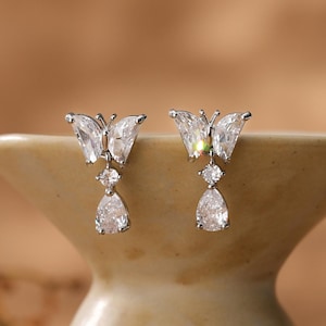 Butterfly Crystal Dangle Earrings, Diamond Butterfly Stud Earrings, Minimalist Bridal Drop Earrings, Chrismas Gift, Bridesmaid Gift for Her