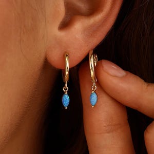 Dainty Blue Opal Hoop Earrings,  Minimalist Opal Dangle Hoops, Blue Opal Huggie Earrings for Women, Wedding Earrings,Bridesmaid Gift for Her