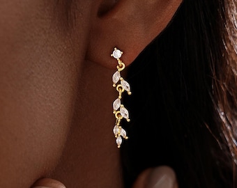 Minimalist Diamond Tassel Drop Earrings, Elegant Leaf Crystal Dangle Earrings, Marquise Diamond Earrings, Bridesmaid Gift, Christmas Gift