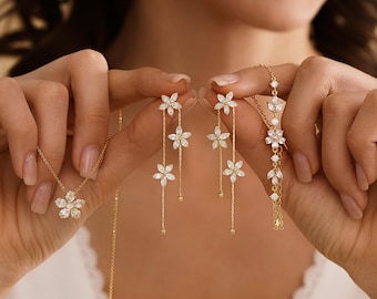 Blume Diamant Schmuck Set, Minimalist Blume Ohrringe/Halskette/Armband, Braut Ohrringe, Hochzeit Schmuck Set, Brautjungfer Geschenk,Geschenk für Sie
