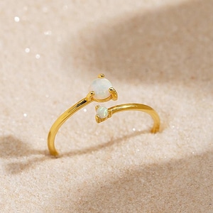 Minimalist Adjustable Opal Ring, Opal Open Ring in Sterling Silver, Double Opal Stacking Ring, Opal Engagement Ring, Christmas Gift for Her