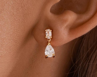 Dainty Diamond Drop Earrings, Minimalist Diamond Stud Earrings, CZ Gold Earrings, Wedding Jewelry, Bridesmaids Gift, Christmas Gift for Mom