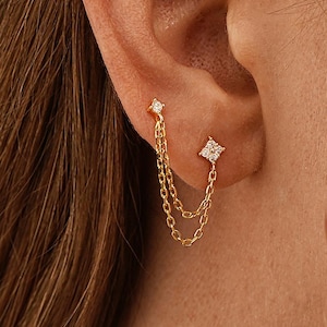 Double Piercing Diamond Stud Earrings, Gold Dangling Chain Earrings, Two Hole Gemstone Earrings, CZ Drop Earrings, Birthday Gift for Her