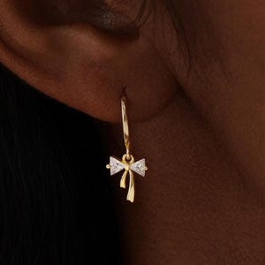 Ribbon Bow Huggie Hoop Earrings, 925 Sterling Silver Bow Dangle Earrings, Dainty Earrings for Women, Bridesmaid Gift, Christmas Gift for Her