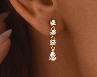 Sterling Silver Dangle Diamond Earrings, Dainty Diamond Drop Earrings, Bridal Earrings, Wedding Jewelry, Bridesmaids Gifts, Christmas Gifts