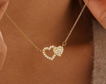 Collar minimalista de corazón con diamantes, collar de corazón con diamantes pavé, delicado collar de amor para ella, regalo del Día de la Madre, regalo de cumpleaños para novia.