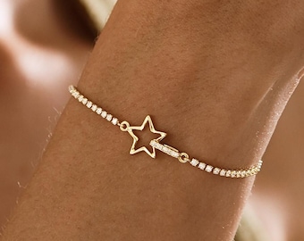 Minimalistyczna bransoletka z diamentami, delikatna bransoletka z diamentami w kształcie gwiazdy, złota bransoletka damska, bransoletka na co dzień, prezent urodzinowy, prezent dla druhny dla niej