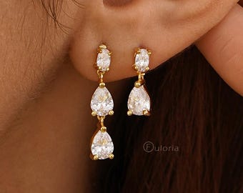 Dainty Diamond Drop Earrings, Minimalist Diamond Stud Earrings, CZ Gold Earrings, Wedding Jewelry, Bridesmaids Gift, Christmas Gift for Mom