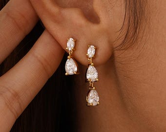 Minimalist Diamond Drop Earrings, Dainty Diamond Stud Earrings, Gold CZ Earrings, Wedding Jewelry, Bridesmaids Gift for Her,Mothers Day Gift