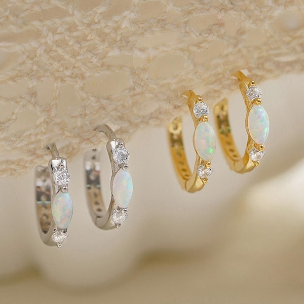 Dainty Opal Hoop Earrings, White Opal Huggie Hoop Earrings, 925 Sterling Silver Earrings, Everyday Earrings, Bridesmaid Gifts for Her