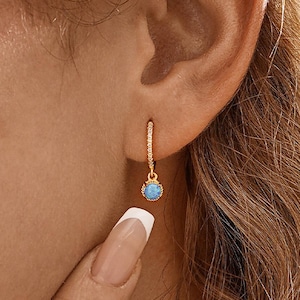 Blue Opal Hoop Earrings, Sterling Silver Hoop Earrings, Minimalist Dangle Earrings, Opal Huggie Hoop Earrings, Birthday Gifts, Gift for Mom