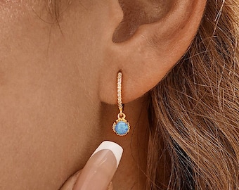 Blue Opal Hoop Earrings, Sterling Silver Hoop Earrings, Minimalist Dangle Earrings, Opal Huggie Hoop Earrings, Birthday Gifts, Gift for Mom