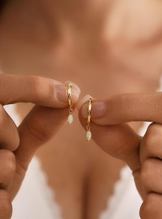 Delicate Opal Hoop Earrings,  Minimalist Opal Dangle Hoops, Opal Huggie Earrings for Women, Wedding Earrings, Bridesmaid Gift for Her