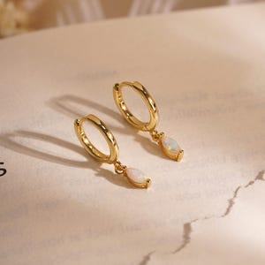 Delicate Opal Hoop Earrings, Minimalist Opal Dangle Hoops, Opal Huggie Earrings for Women, Wedding Earrings, Bridesmaid Gift for Her image 10