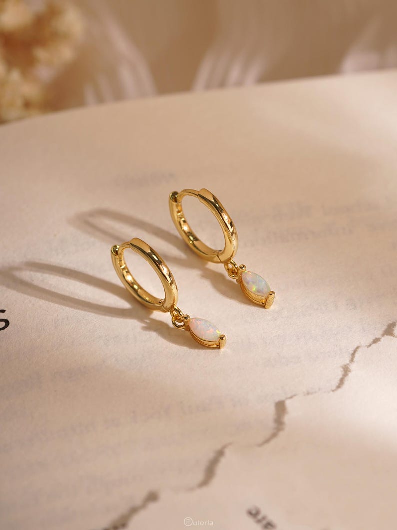 Delicate Opal Hoop Earrings, Minimalist Opal Dangle Hoops, Opal Huggie Earrings for Women, Wedding Earrings, Bridesmaid Gift for Her image 10