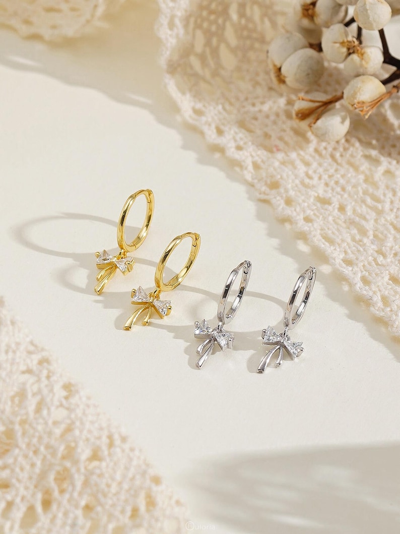 Pendientes de aro con lazo, pendientes colgantes de plata de ley 925, pendientes delicados para mujer, regalo para dama de honor, regalo de Navidad para ella imagen 6