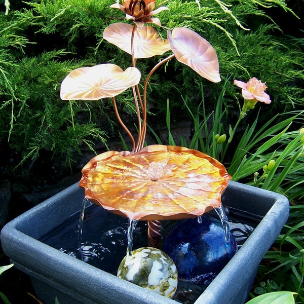 Custom for Carl - Birdbath Fountain, Fountains Outdoor, Garden Birdbath, Copper, Triple Lily Pad & Flower, Container Style Fountain