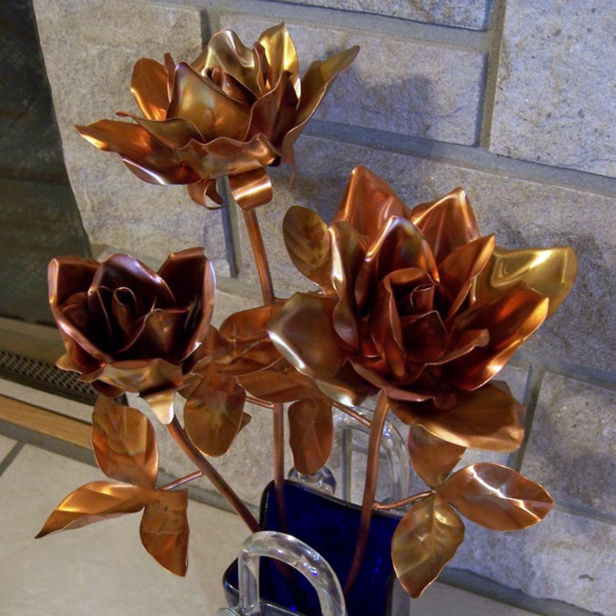 Copper Garden Art Garden Rose Cluster of 3 Roses Long Stem Etsy