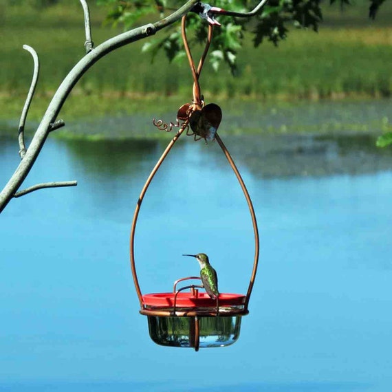 Hummingbird Feeder Dual Port Copper Garden Art Glass Etsy