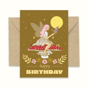 Cartão de aniversário de fadas e cogumelos caprichosos com glitter | Groovy | Mágico | Cartão A7