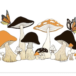 Poster retrò di funghi e farfalle / Arte murale di funghi / Arte murale / Stile artistico anni '70 / Amanti dei funghi