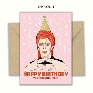 carte d'anniversaire de David Bowie | Starman | Poussière d'étoiles de Ziggy | carte scintillante | Rock'n'roll | Musique | Bizarre de l'espace | Groovy | Carte A7