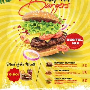 May include: A yellow and red poster advertising a restaurant called "Tasty 'n Fresh Burgers". The poster features a large, juicy burger with lettuce, tomato, onion, and cheese. The poster also includes a menu with prices for different types of burgers, including a "Meal of the Month" for $6.90. The poster also includes the restaurant's phone number and address.
