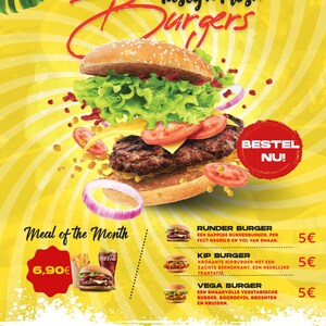 May include: A yellow and red poster advertising a restaurant called "Tasty 'n Fresh Burgers". The poster features a large, juicy burger with lettuce, tomato, onion, and cheese. The poster also includes a menu with prices for different types of burgers, including a "Meal of the Month" for $6.90. The poster also includes the restaurant's phone number and address.