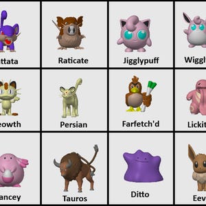 May include: A grid of twelve 3D character figures labeled Rattata, Raticate, Jigglypuff, Wigglytuff, Meowth, Persian, Farfetch'd, Lickitung, Chancey, Tauros, Ditto, and Eevee, each displayed in a square cell against a light gray background.
