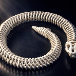 Puede incluir: Escultura de esqueleto de serpiente en espiral, de color blanquecino. La pieza detallada presenta un cráneo y una cola que se estrecha, con cada vértebra claramente definida. La escultura se encuentra sobre un fondo oscuro.