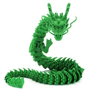 May include: A green articulated dragon figurine with a detailed, textured design. The dragon has a fierce expression, with its head raised and body coiled. The figurine is made of plastic and is suitable for display or play.