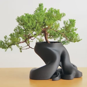 May include: A vibrant green juniper bonsai tree planted in a matte black, 3D-printed planter shaped like a pair of human legs in a kneeling position. The planter has a smooth, contoured surface and a wide circular opening at the top for the soil.