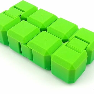 May include: A vibrant green fidget toy made of linked, cube-shaped sections. The sections are hinged, enabling flexible movement and manipulation. The toy is designed to offer tactile stimulation and stress relief.