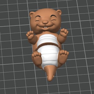 May include: A brown cartoon otter figurine with a smiling face, small ears, and a white diaper. The otter is lying on its back with its arms and feet raised. The background is a gray grid.