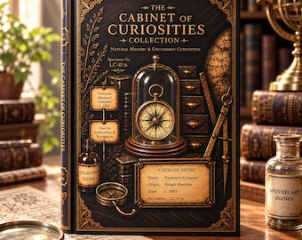 May include: A hardcover book titled The Cabinet of Curiosities Collection with a black cover featuring gold filigree, a compass under a glass dome, and text detailing a Victorian mariner's compass, specimen number LC-016, and catalog entry.