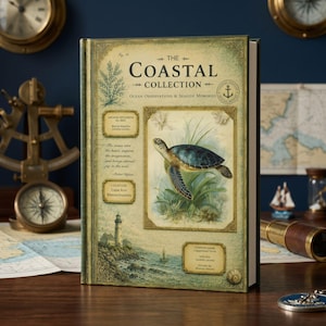 May include: A hardcover book titled The Coastal Collection: Ocean Observations & Seaside Memories. The cover features a green sea turtle illustration, a lighthouse, and text boxes detailing specimen information, species, and location data.
