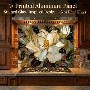 Magnolia Metal Kitchen Backsplash Panel – Stained Glass Inspired Botanical Art