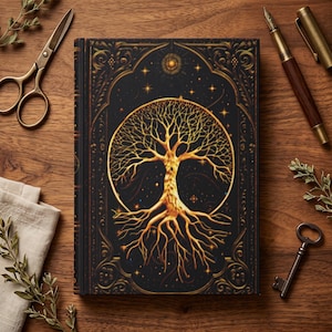 May include: A rectangular hardcover book featuring a gold-colored tree of life illustration on a black background, framed by ornate gold filigree patterns. The cover design includes small star motifs and a central sun-like emblem at the top.