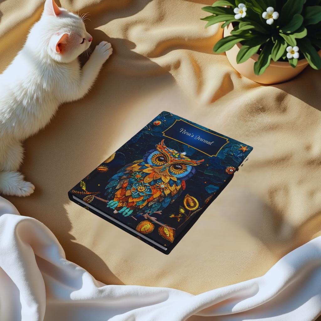 Beaded Look Owl Hardcover Journal | Personalized Writing Notebook & Whimsical Boho Gift