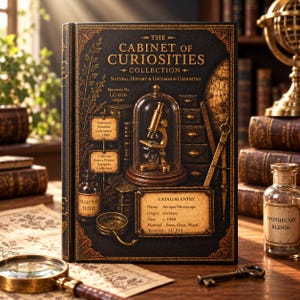 May include: A black hardcover book titled The Cabinet of Curiosities Collection, featuring gold lettering and illustrations of a microscope under a glass dome, a compass, and a bottle labeled Collector Elixir, with catalog entry text detailing an antique microscope.