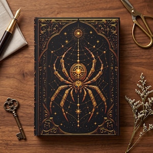 May include: A rectangular hardcover journal featuring a black cover with an intricate gold-colored spider illustration centered within a web design. The cover is decorated with ornate gold filigree borders, celestial star motifs, and a central glowing orb.