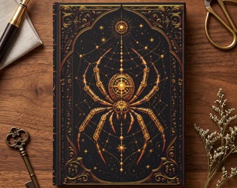 May include: A rectangular hardcover journal featuring a black cover with an intricate gold-colored spider illustration centered within a web design. The cover is decorated with ornate gold filigree borders, celestial star motifs, and a central glowing orb.