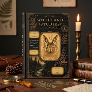 May include: A hardcover book titled The Woodland Studies Collection with a black cover featuring gold text, a central illustration of a rabbit, and forest imagery. The book includes labels for species and location, surrounded by a magnifying glass.