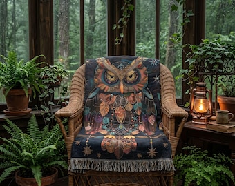 Cozy Celestial Owl Woven Blanket | Whimsical Woodland Throw