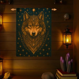 Majestic Wolf Woven Tapestry: Bohemian Celestial Wall Hanging (26x36&quot;)